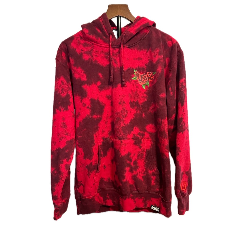 Broken Promises Pullover Hoodie Size M Red Black Tie Dye Rose Graphic